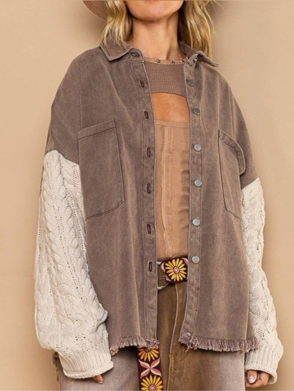 POL Cable Knit Sleeve Shacket Chocolate & Cream Small - Picture 2 of 16
